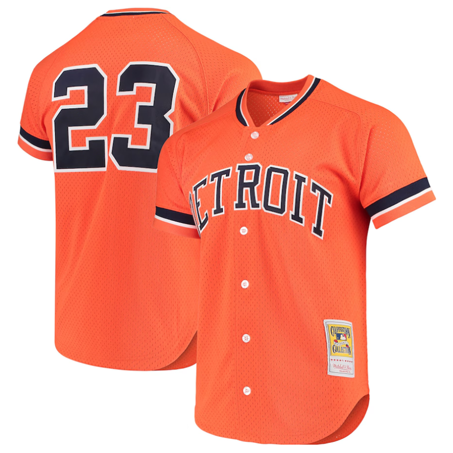 D.Tigers #23 Kirk Gibson Player Mitchell & Ness Orange Cooperstown Collection Mesh Batting Practice Button-Up Baseball Jerseys
